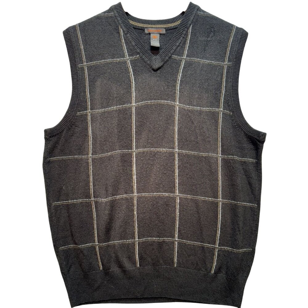 Dockers Men's Preppy Soft V Neck Sweater Vest Knit Size M Gray Plaid Pullover